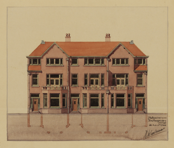 216256 Plattegrond en opstand van de voorgevel van het ontwerp voor een blok van drie huizen aan de Van Hogendorpstraat ...
